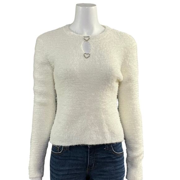 No Boundaries Juniors Rhinestone Heart Keyhole White Sweater Size 11-13 - Picture 2 of 11